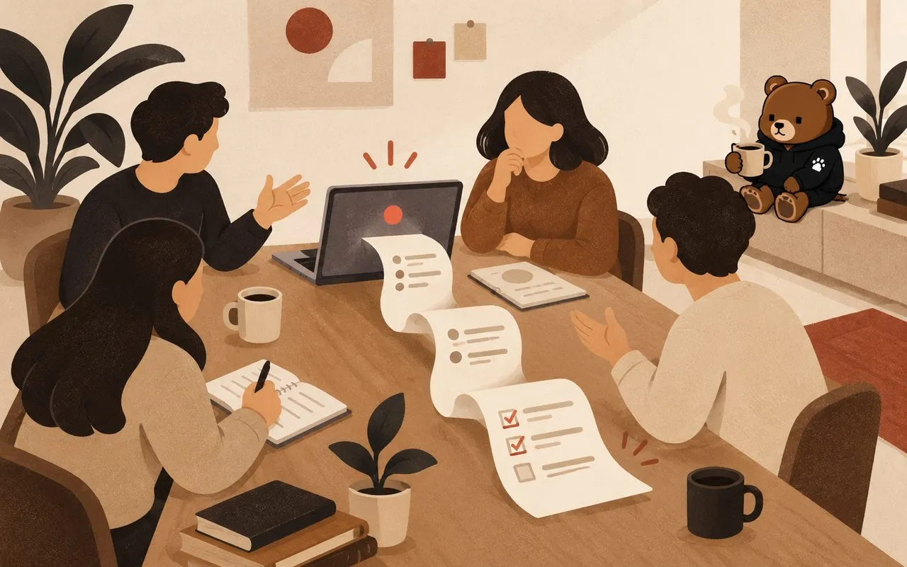 KIKU illustration: a meeting recording automatically organized into meeting minutes with an action list